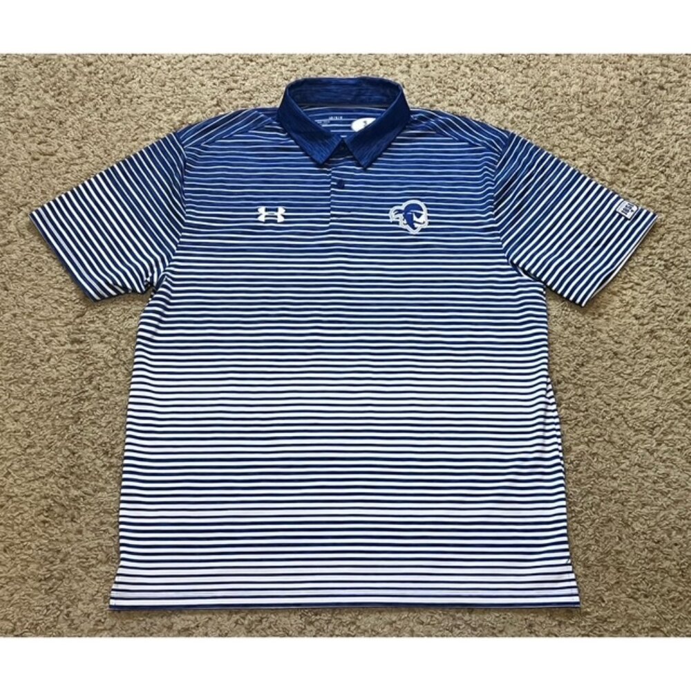 Seton Hall Pirates Under Armour Blue Stripe Polo Shirt Size Large Loose EUC